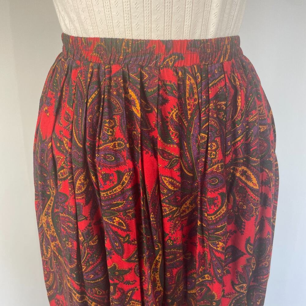 Vintage Midi Skirt Size 10 Red Paisley Pleated A Line Retro Preppy Academia 90s - Picture 3 of 12